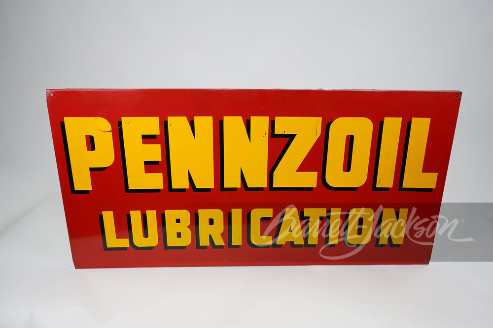 Seldom-seen late-1940s early-50s Pennzoil Lubrication single-sided self-framed tin garage sign.