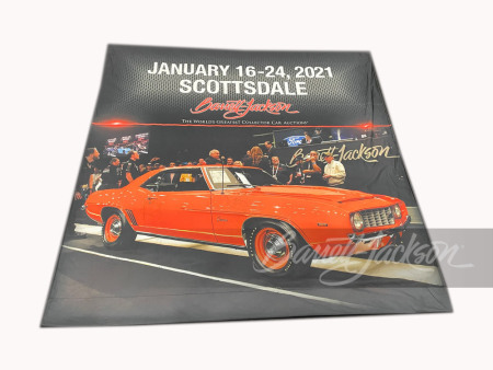 AUTHENTIC 2021 BARRETT-JACKSON SCOTTSDALE COLLECTOR CAR AUCTION EVENT STAGE PROMOTIONAL BANNER.