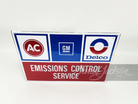 Vintage NOS GM AC-Delco Emissions Control Service single-sided tin dealership sign.