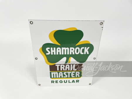 LATE 1950S SHAMROCK TRAIL MASTER GASOLINE PORCELAIN PUMP PLATE SIGN