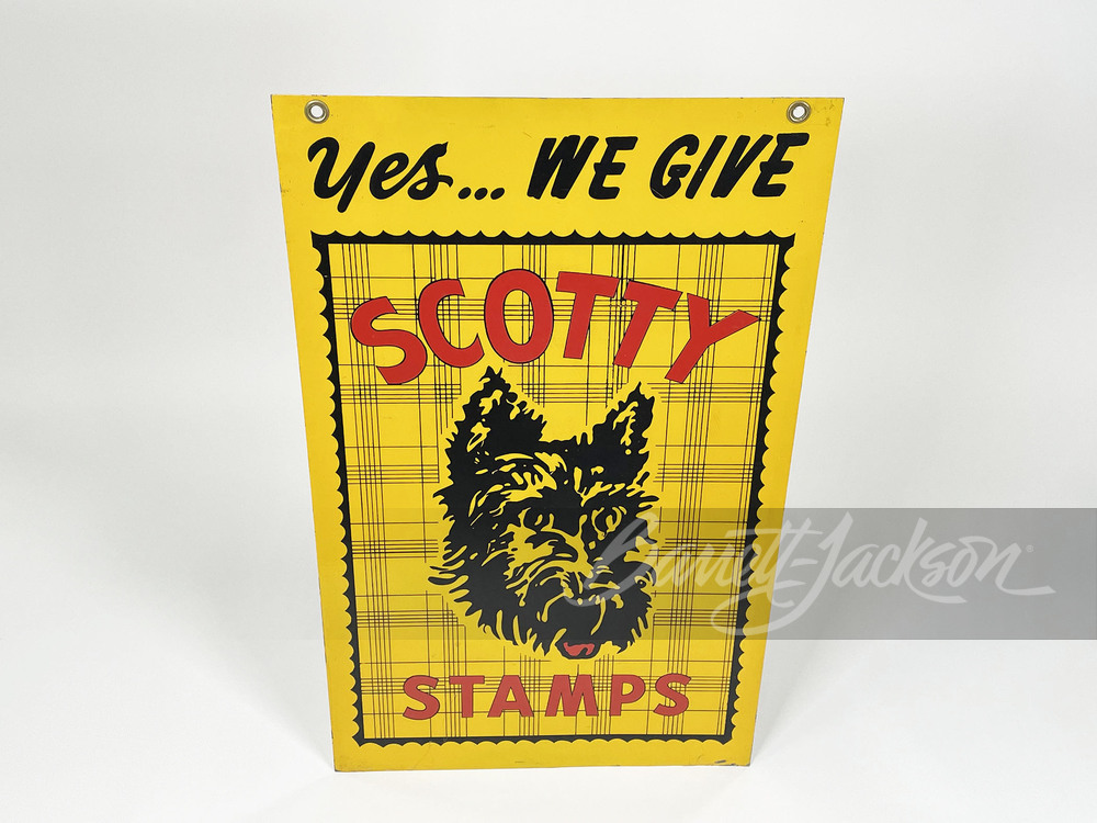 CIRCA EARLY 1950s SCOTTY STAMPS TIN SIGN