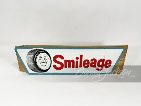 Fantastic NOS 1960 BFGoodrich "Smileage" Tires single-sided tin automotive garage sign still in the original shipping box.