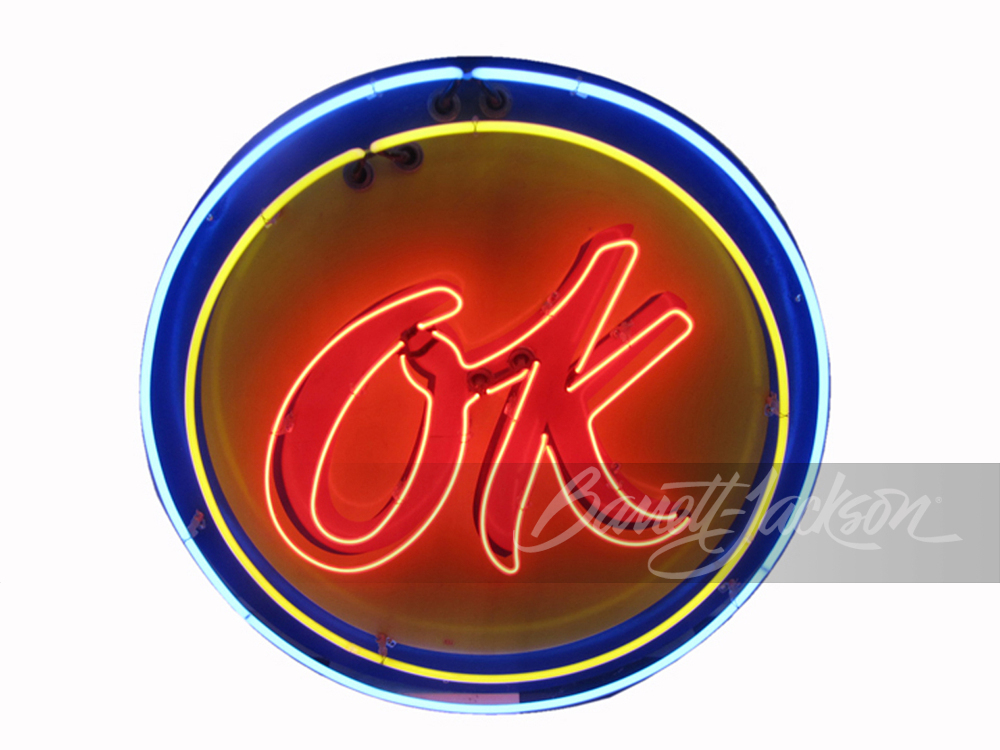 CIRCA LATE 1950S CHEVROLET OK USED CARS PORCELAIN NEON SIGN