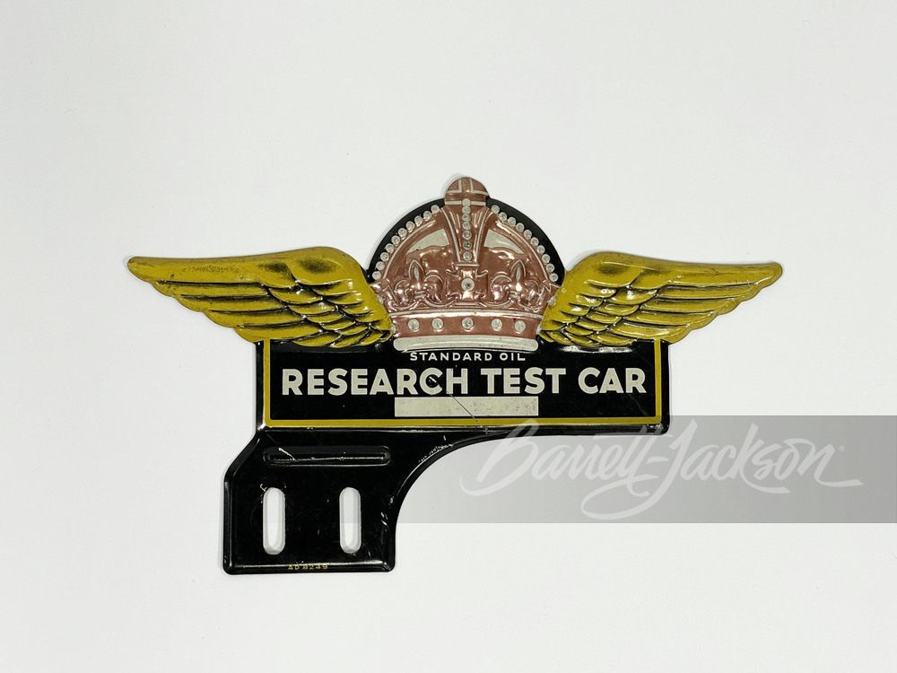 1930S STANDARD OIL "RESEARCH TEST CAR" LICENSE PLATE ATTACHMENT SIGN