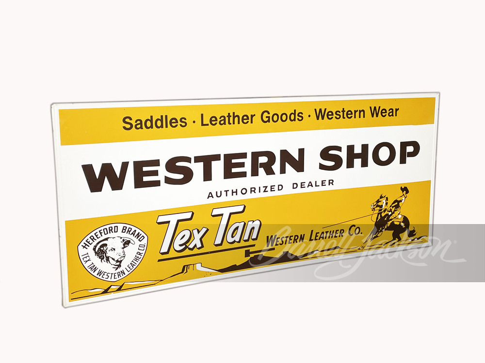 NOS EARLY-1960s TEX TAN WESTERN LEATHER "WESTERN SHOP" SIGN