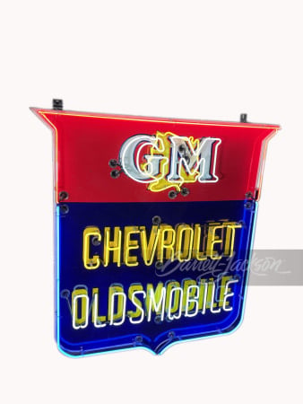 EARLY 1950s GM CHEVROLET OLDSMOBILE PORCELAIN SIGN WITH ANIMATED NEON