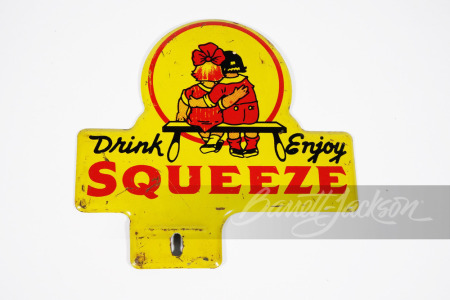 1930S SQUEEZE SODA DIE-CUT TIN LICENSE PLATE PECTIN SIGN