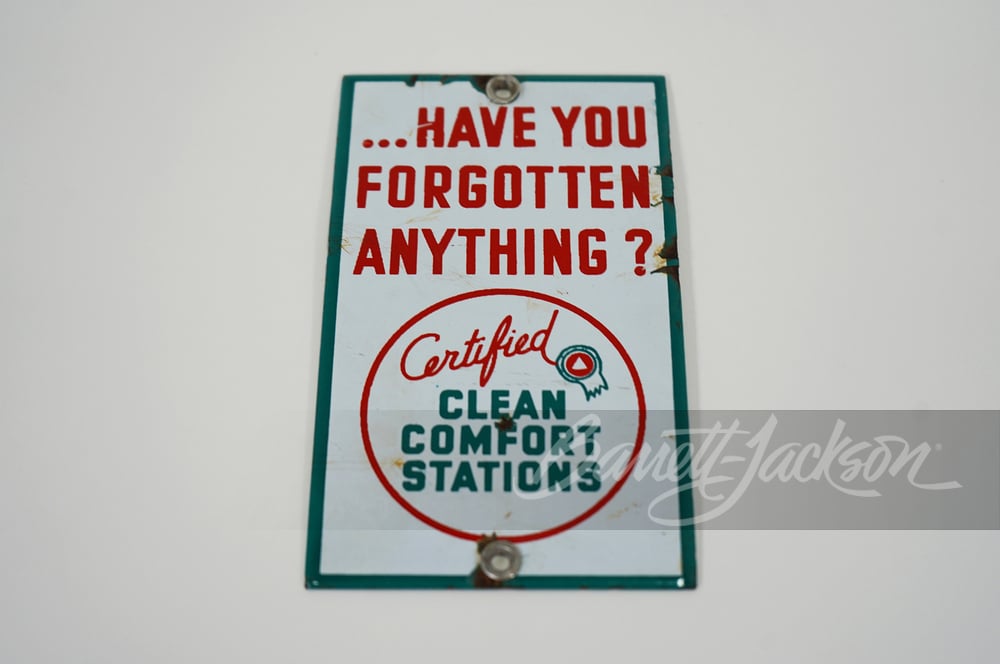 1950S ASSOCIATED GASOLINE CLEAN COMFORT STATIONS PORCELAIN SIGN