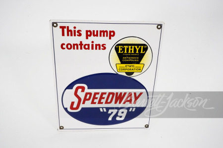 CIRCA 1950S SPEEDWAY 79 EMBOSSED TIN PUMP PLATE SIGN