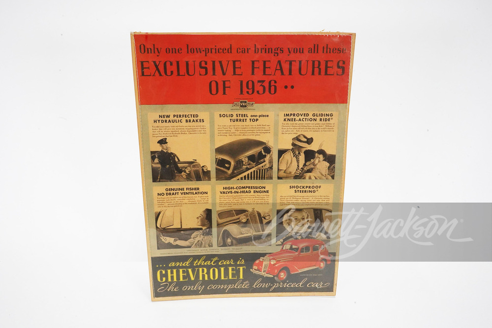 1936 CHEVROLET AUTOMOBILE FEATURES CARDBOARD SIGN