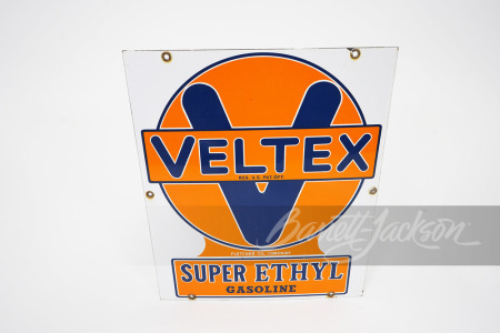 CIRCA 1940S VELTEX SUPER ETHYL GASOLINE PORCELAIN PUMP PLATE SIGN