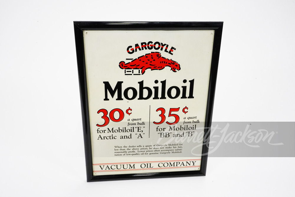 CIRCA 1920S-30S GARGOYLE MOBILOIL EMBOSSED TIN SIGN