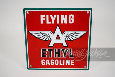 1930s-40s Flying A Ethyl Gasoline porcelain pump plate.