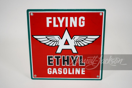 1930s-40s Flying A Ethyl Gasoline porcelain pump plate.