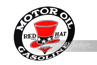 1930S RED HAT MOTOR OIL-GASOLINE PORCELAIN SIGN