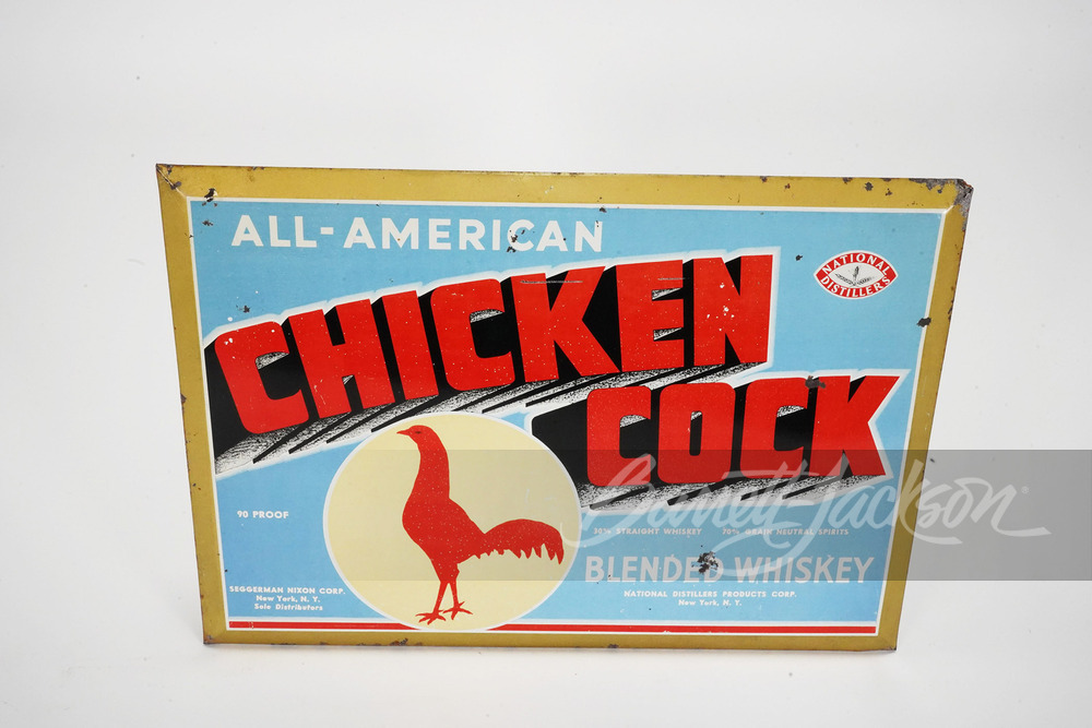 1920S-30S ALL-AMERICAN CHICKEN COCK BLENDED WHISKEY TIN LITHO SIGN