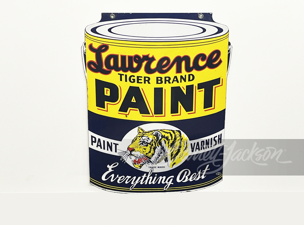 1930S LAWRENCE TIGER BRAND PAINT PORCELAIN SIGN