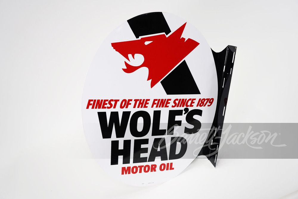 1970S WOLF'S HEAD MOTOR OIL TIN FLANGE SIGN