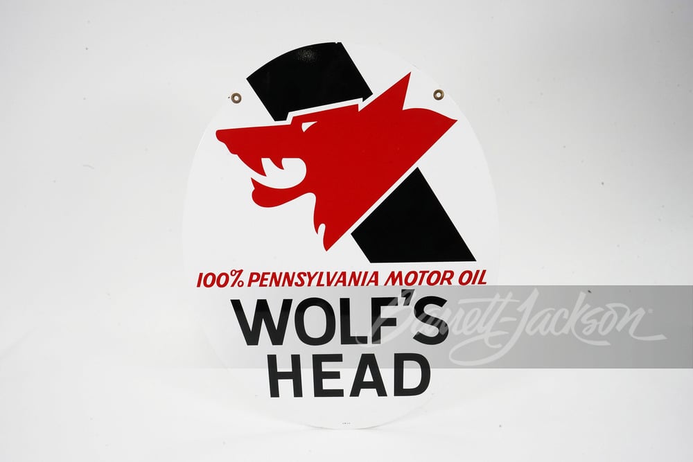 1970 WOLF'S HEAD MOTOR OIL TIN SIGN