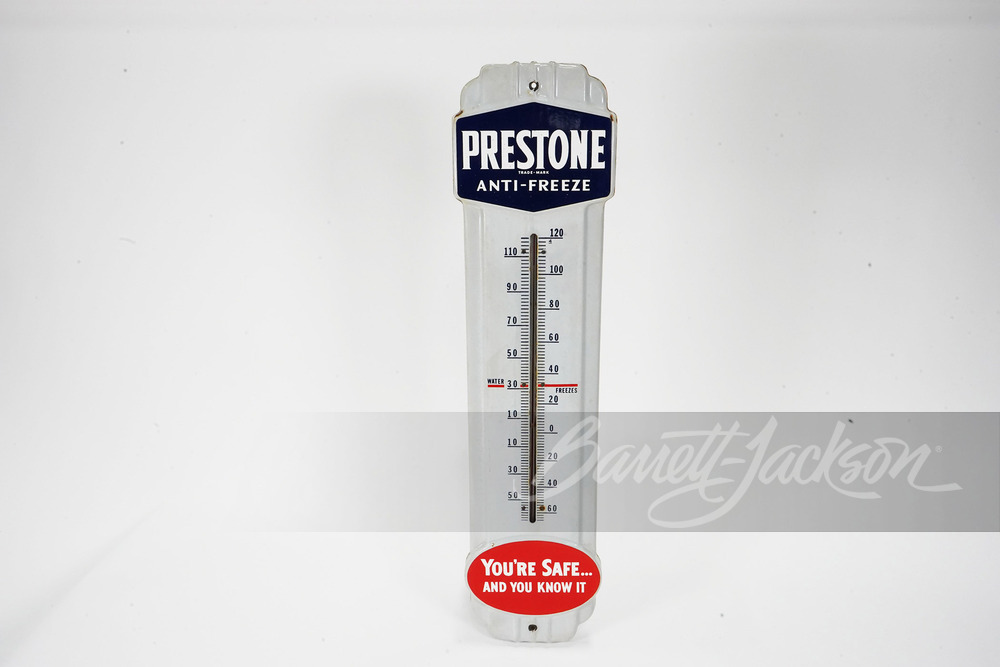 CIRCA 1940S PRESTONE ANTI-FREEZE PORCELAIN THERMOMETER