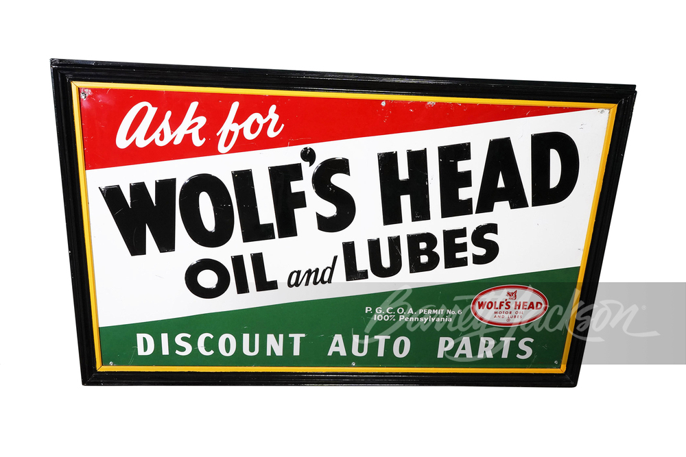 LARGE 1966 WOLF'S HEAD OIL TIN SIGN