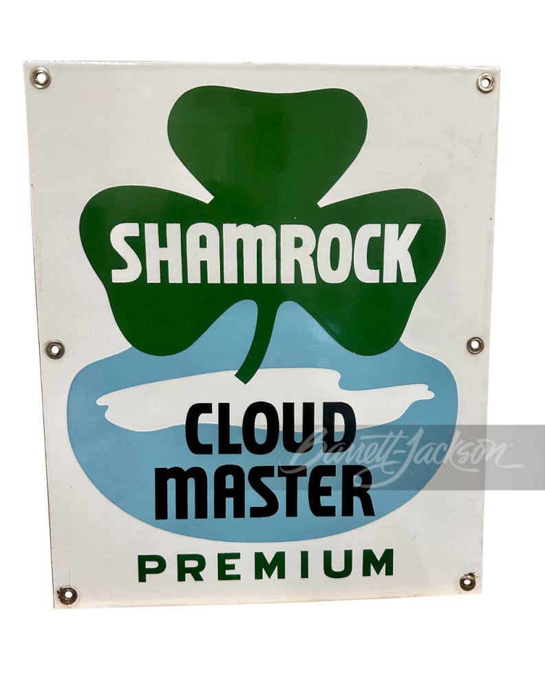 1950S SHAMROCK PREMIUM CLOUD MASTER GASOLINE PORCELAIN SIGN