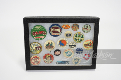 SHADOWBOX FILLED WITH 20 BRASS-ERA CELLULOID PIN-BACK BUTTONS