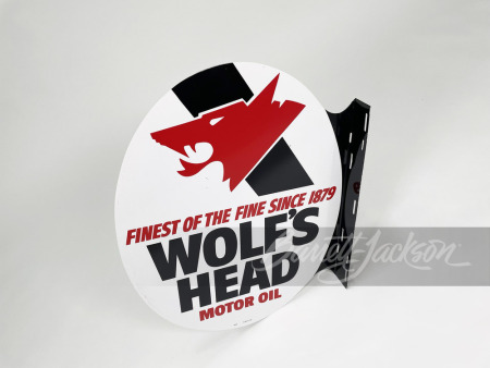 1970S WOLF'S HEAD MOTOR OIL TIN FLANGE SIGN