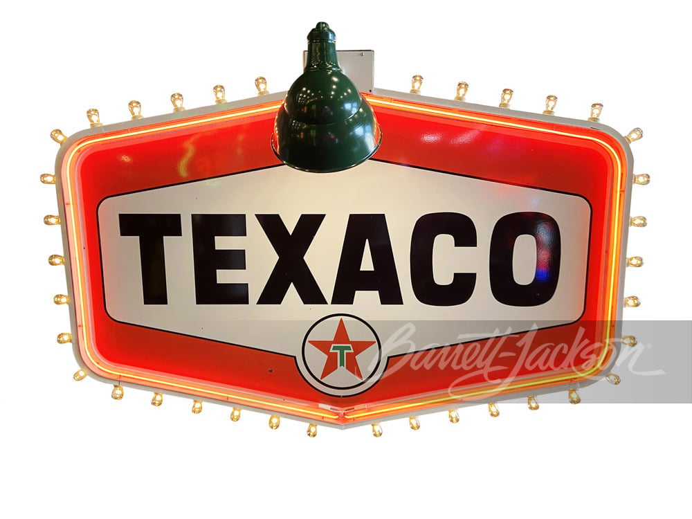 ADDENDUM - SPECTACULAR LATE 1950S-EARLY 60S TEXACO OIL DOUBLE-SIDED PORCELAIN SERVICE STATION SIGN IN ORIGINAL HANGER.