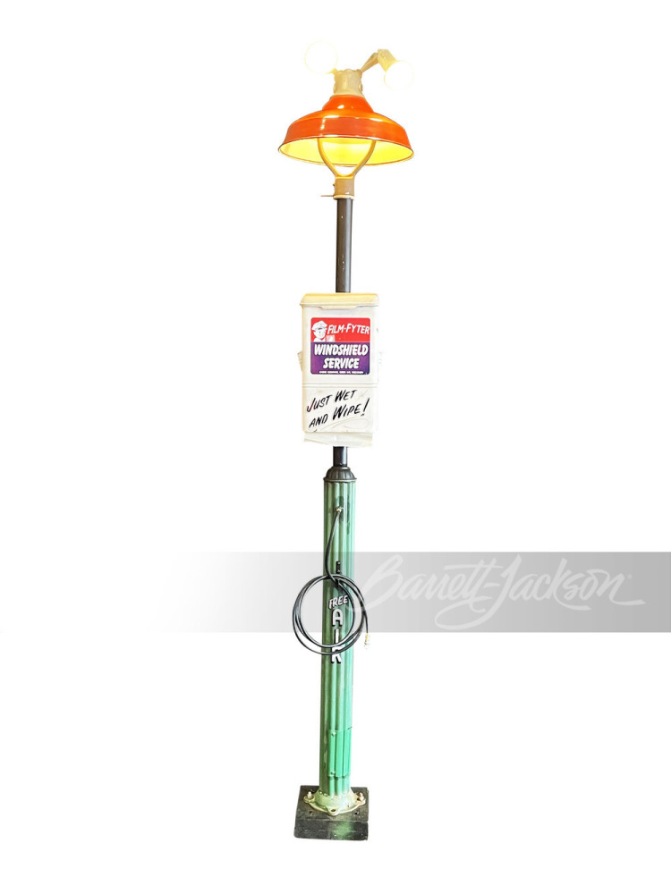 ADDENDUM - AUTHENTIC CIRCA 1940S VINTAGE SERVICE STATION AIR TOWER WITH PORCELAIN FUEL ISLAND LIGHTER ATTACHED.