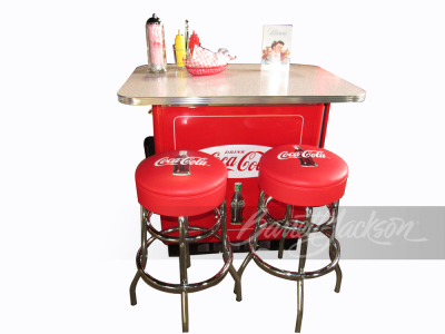 ADDENDUM - RESTORED 1950S COCA-COLA SODA BAR MADE FROM AN ORIGINAL IDEAL COCA-COLA COOLER WITH STOOLS AND DINER ACCESSORIES.