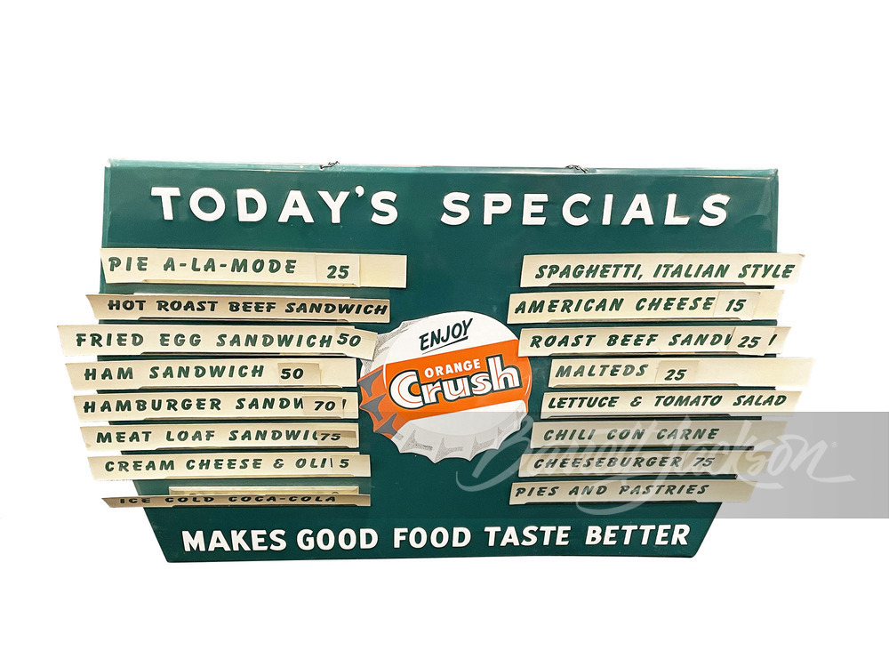 ADDENDUM - SPECTACULAR NOS 1950S ORANGE CRUSH SODA DIE-CUT TIN MENU BOARD WITH BOTTLE CAP LOGO.