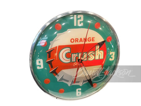 ADDENDUM - GORGEOUS 1962 ORANGE CRUSH SODA GLASS-FACED LIGHT-UP DINER CLOCK BY PAM.