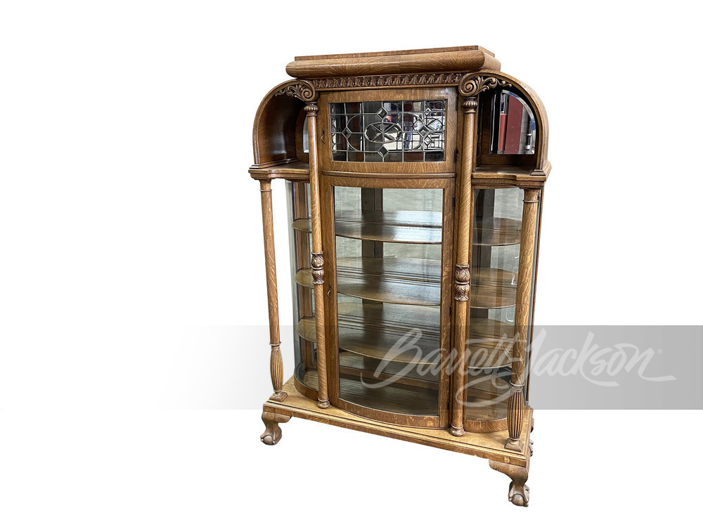 ADDENDUM - BEAUTIFUL ANTIQUE CLAWED FOOT DISPLAY CASE WITH INTRICATE BEVELED GLASS.