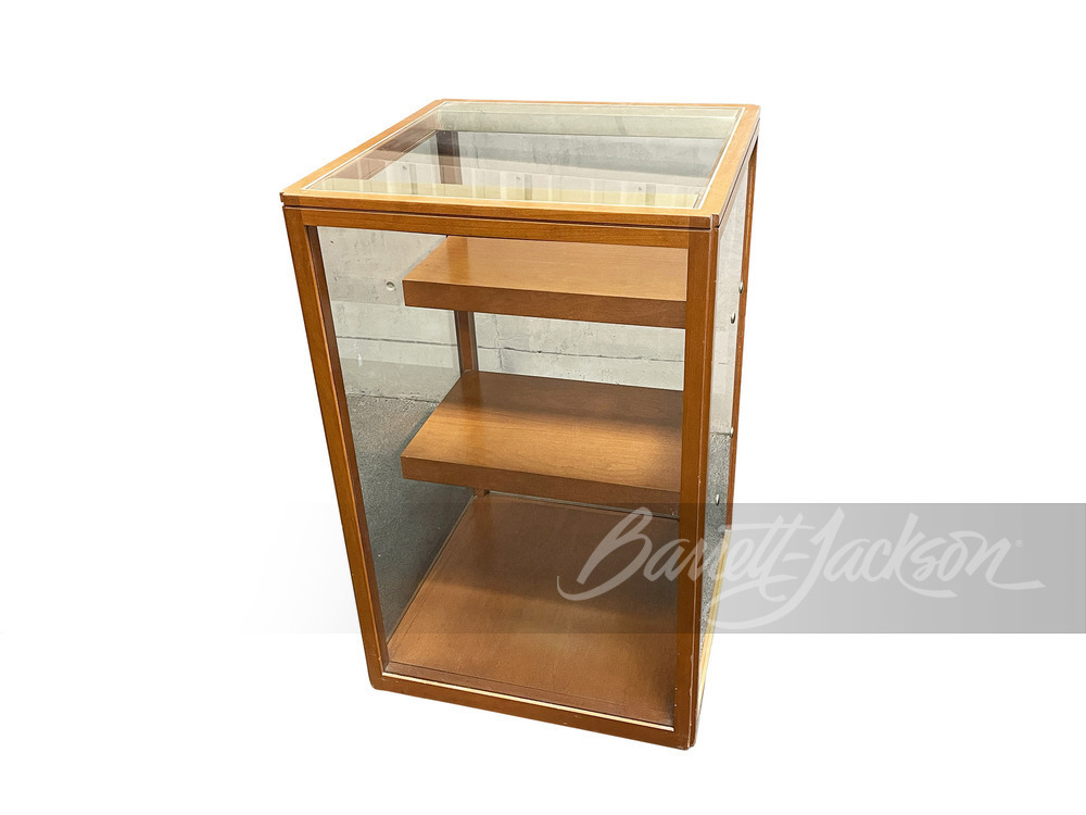 WOODEN GLASS SHOWCASE WITH TWO-SHELVES AND LIGHT MECHANISM.