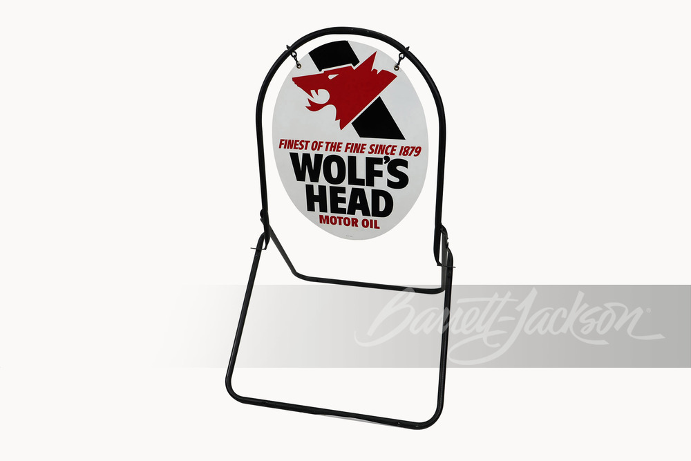 1974 WOLF'S HEAD MOTOR OIL TIN PAINTED CURB SIGN