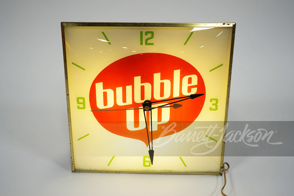 EARLY 1960S BUBBLE-UP SODA GLASS-FACED LIGHT-UP CLOCK