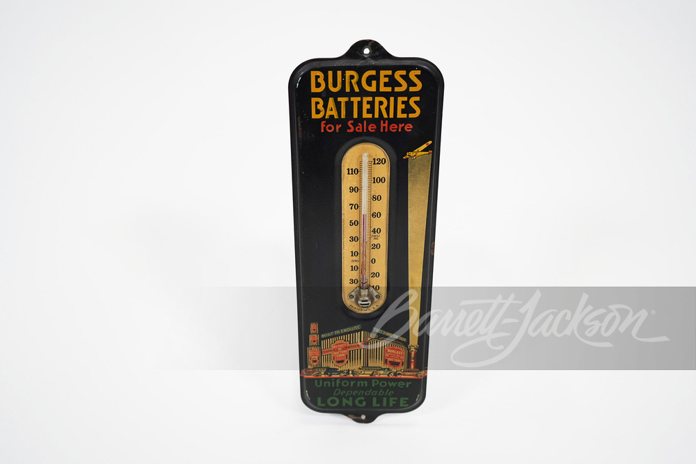 1930S BURGESS BATTERIES TIN PAINTED THERMOMETER