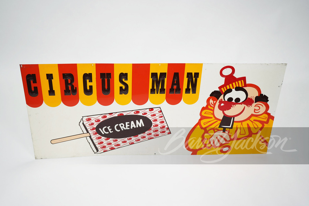 LATE 1950S CIRCUS MAN ICE CREAM EMBOSSED TIN SIGN