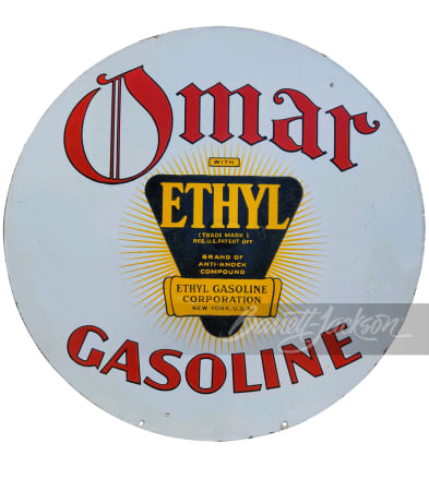 1930S OMAR GASOLINE WITH ETHYL PORCELAIN SIGN