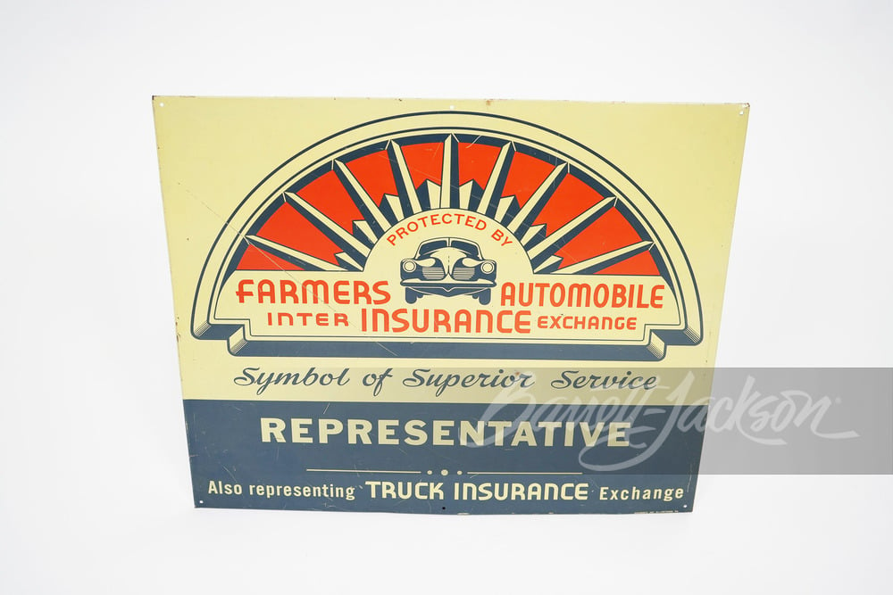 CIRCA LATE 1940S FARMERS AUTOMOBILE INSURANCE TIN SIGN