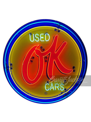 LARGE 1950S CHEVROLET OK USED CARS PORCELAIN SIGN WITH NEON