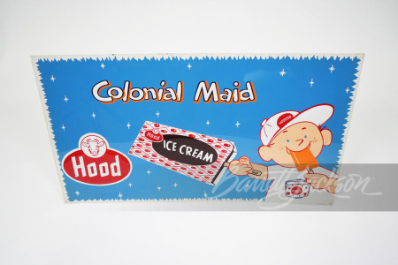 LATE 1950S HOOD COLONIAL MAID ICE CREAM EMBOSSED TIN SIGN