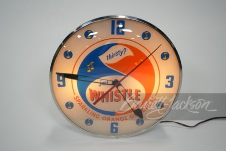 1962 WHISTLE ORANGE SODA GLASS-FACED LIGHT-UP DINER CLOCK