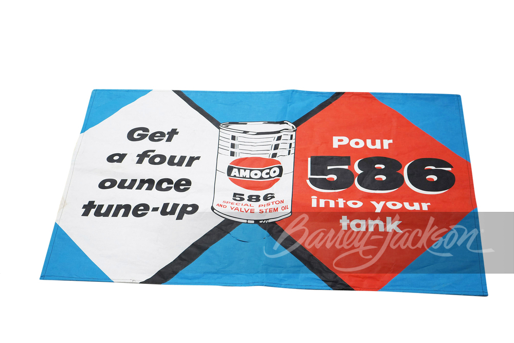 LARGE 1950S AMOCO 586 ENGINE TUNE-UP CANVAS BANNER