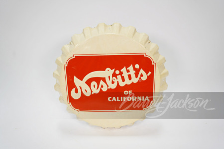 Awesome NOS 1950s Nesbitt's of California Orange Soda single-sided embossed bottle-cap-shaped tin sign.