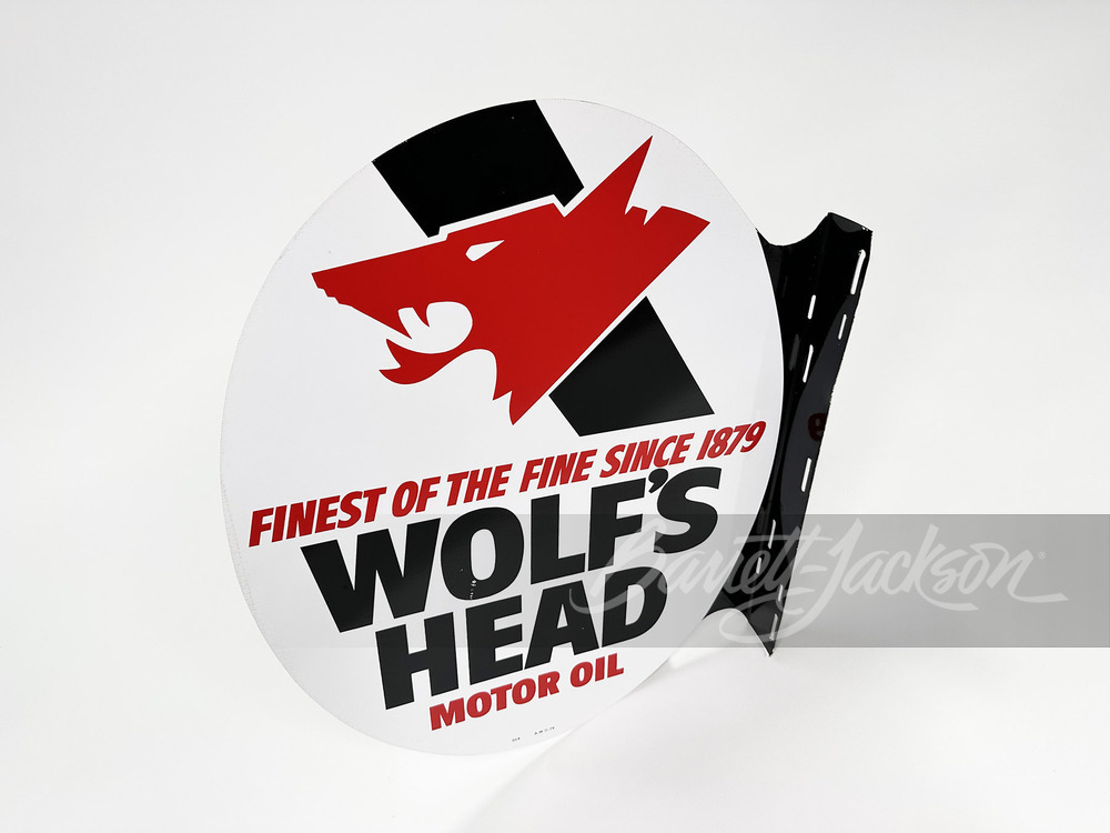 1970S WOLF'S HEAD MOTOR OIL TIN FLANGE SIGN