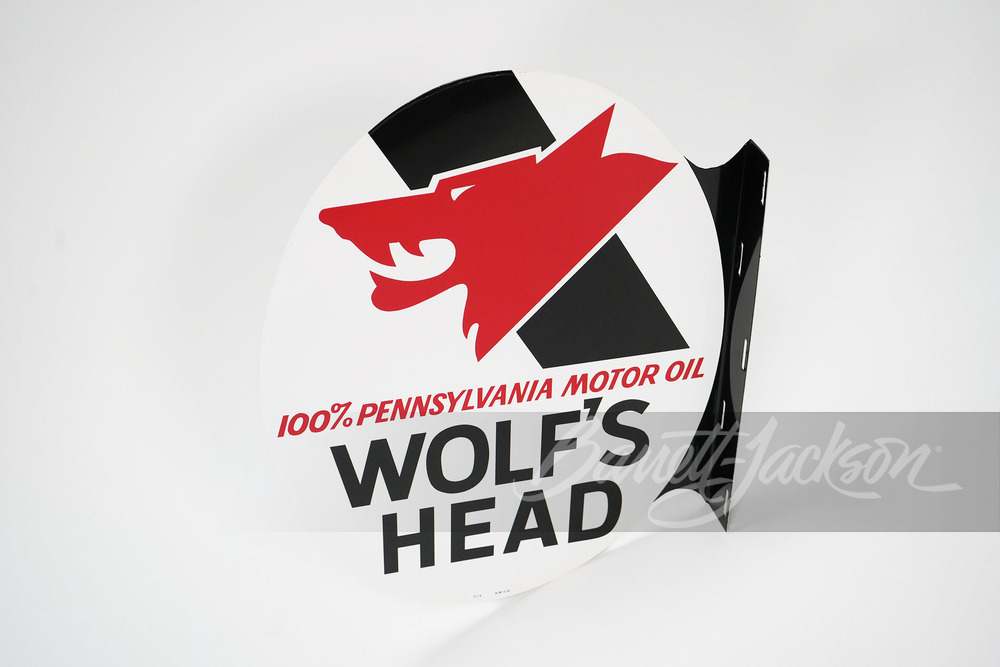 1970 WOLF'S HEAD MOTOR OIL TIN FLANGE SIGN