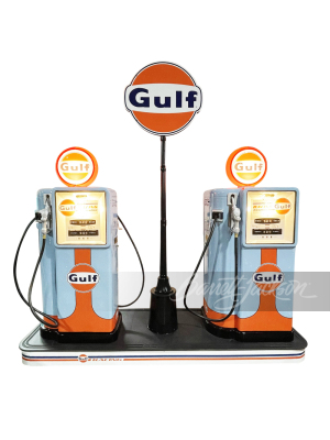 PAIR OF 1950S GULF-RACING-THEMED BOWSER SIAMESE-ROLWAY GAS PUMPS