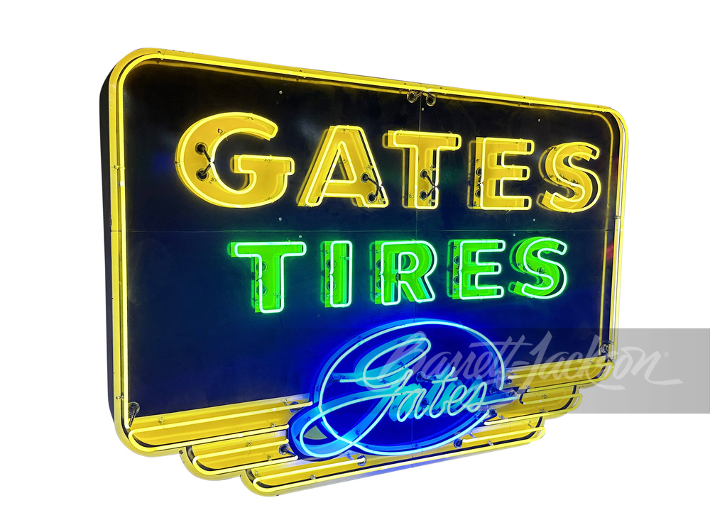 LARGE CIRCA 1954 GATES TIRES NEON PORCELAIN SIGN